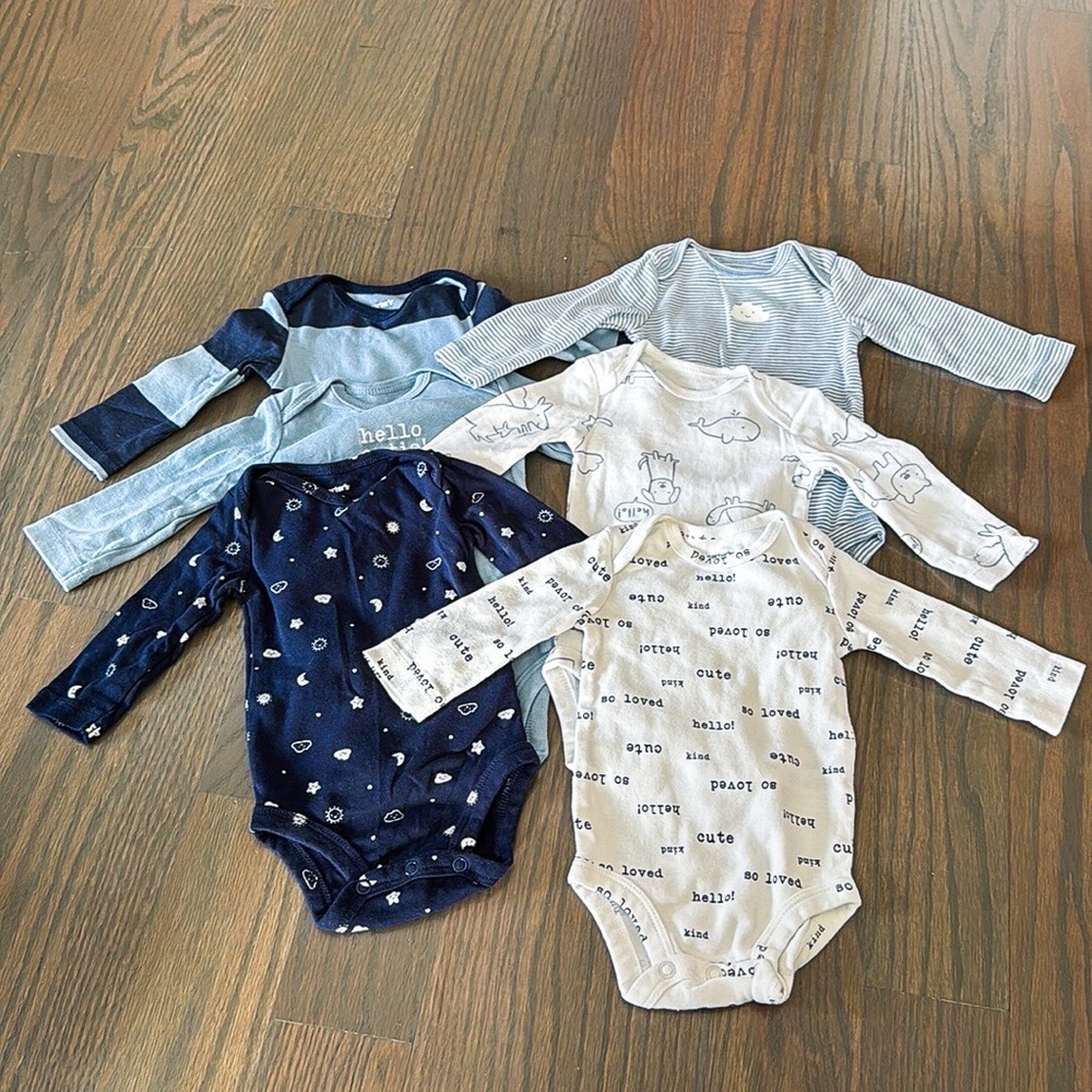 Carter’s 6-Pack Long Sleeve Baby Bodysuits Blue White 3M Cotton EUC - Picture 2 of 14
